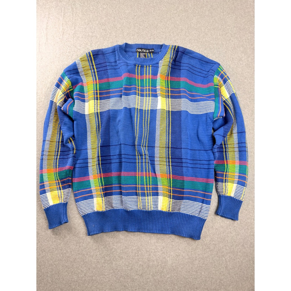 Vtg 90s Nautica Mens XL Blue Plaid Cotton Knit Crewneck Sweater Blue Yellow